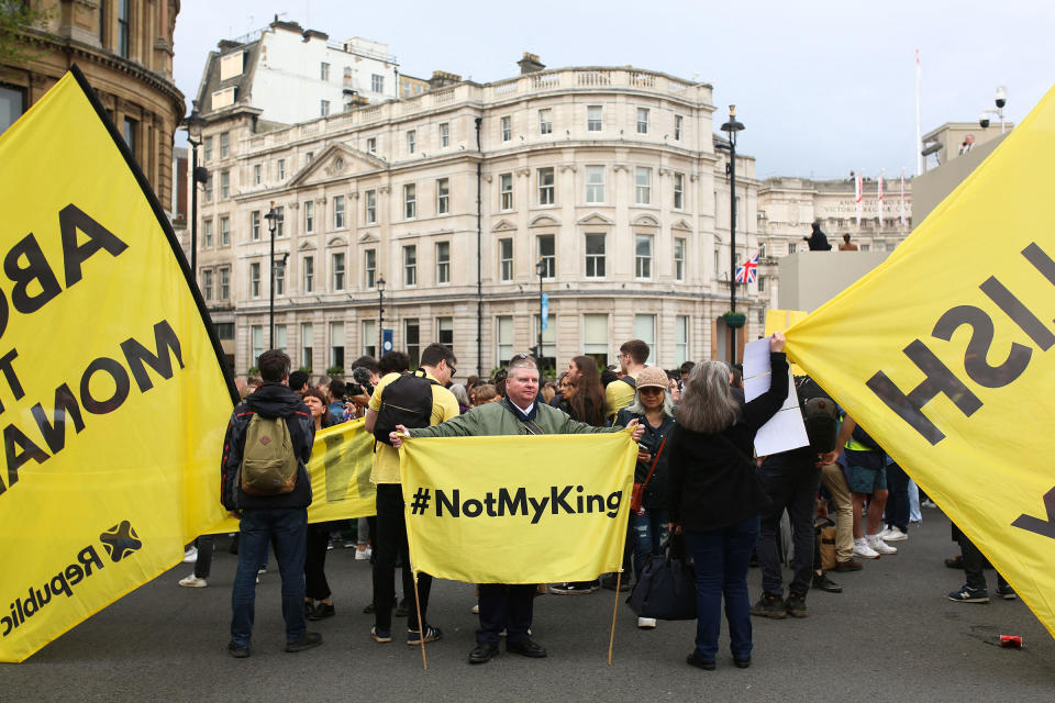 Protesters hold up placards saying 'Not My King' in Trafalgar Square close to where Britain's King Charles III and Britain's Camilla, Queen Consort will be crowned at Westminster Abbey in central London on May 6.<span class="copyright">Susannah Ireland—AFP/Getty Images</span>