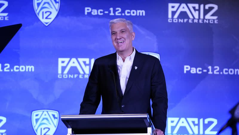 Pac-12 Commissioner George Kliavkoff speaks during the Pac-12 Conference NCAA college football Media Day Tuesday, July 27, 2021, in Los Angeles. (AP Photo/Marcio Jose Sanchez)