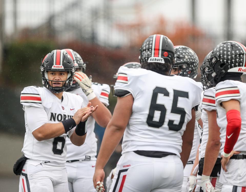 North Salem's TC Manumaleuna (6) calls out a play during huddle in the game against Westview on Friday, Nov. 25, 2022 at Hillsboro Stadium in Hillsboro, Ore. 