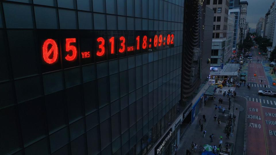 A Climate Clock installation in New York City, counting down the time remaining to prevent global warming from rising above 1.5°C based on data from the United Nation’s Intergovernmental Panel on Climate Change.