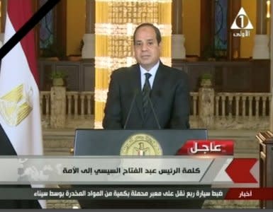 FILE PHOTO: Egyptian President Abdel Fattah Al Sisi gives a televised statement on the attack in North Sinai, in Cairo, Egypt November 24, 2017 in this still taken from video. EGYPT STATE TV/ via REUTERS