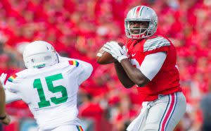 Sep 12, 2015; Columbus, OH, USA; Ohio State Buckeyes quarterback Cardale Jones (12) looks to throw the ball during the game against the Hawaii Warriors at Ohio Stadium. The Ohio State Buckeyes beat the Hawaii Warriors by the score of 38-0. Mandatory Credit: Trevor Ruszkowski-USA TODAY Sports