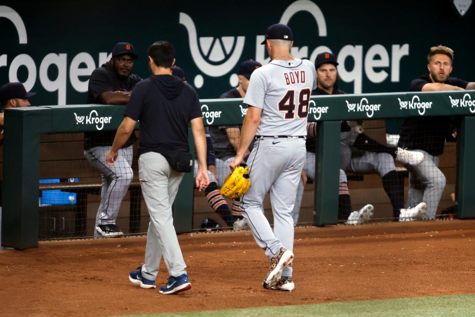 Detroit Tigers starting pitcher Matthew Boyd (48) leaves the field with an injury in the first inning against the Texas Rangers at Globe Life Field in Arlington, Texas, on Monday, June 26, 2023.