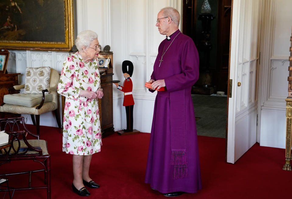 The Queen was presented with a special 'Canterbury Cross' by  the Archbishop of Canterbury Justin Welby at Windsor Castle, for her 'unstinting' service to the Church of England. (PA)