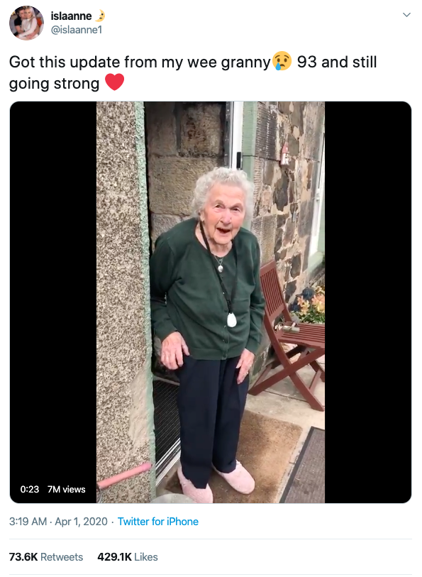 Screengrab of Twitter post with wee granny video