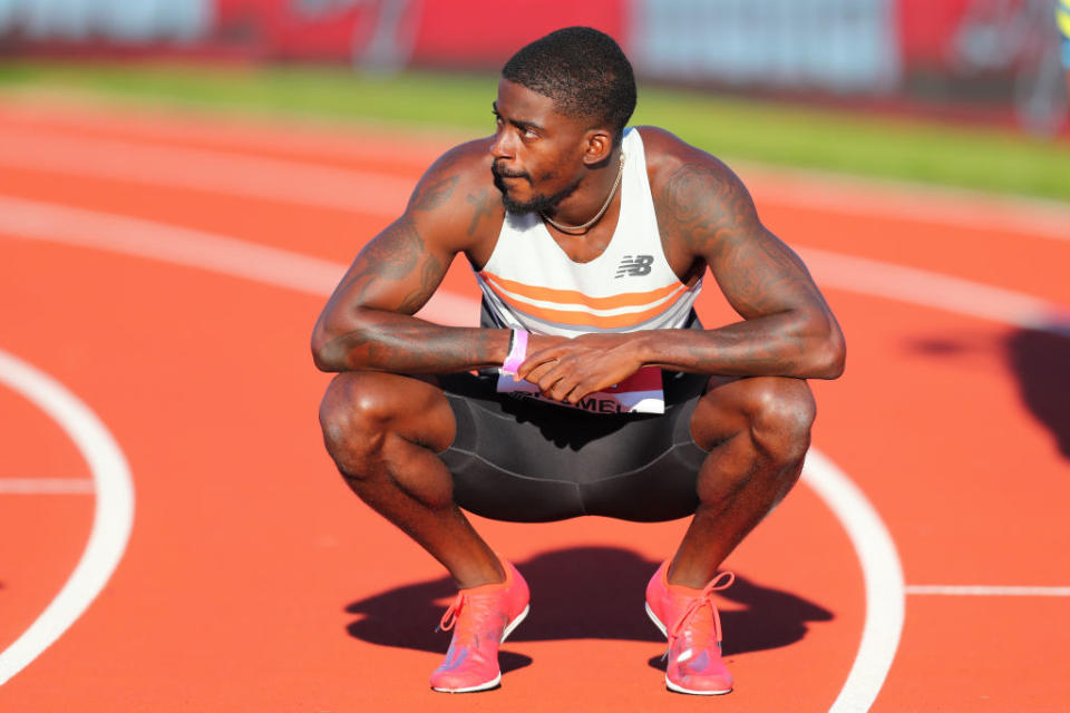 Trayvon Bromell of Team USA wins in the men's 100 m during the Muller British Grand Prix, part of the Wanda Diamond League at Gateshead International Stadium on July 13, 2021 in Gateshead, England.<span class="copyright">Ashley Allen—Getty Images</span>