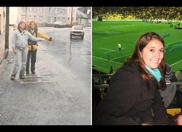 Left: Lisa hitchhikes with friends in Ireland in 1980.     Right: Liz at a sports game in Wellington, New Zealand, in 2011.