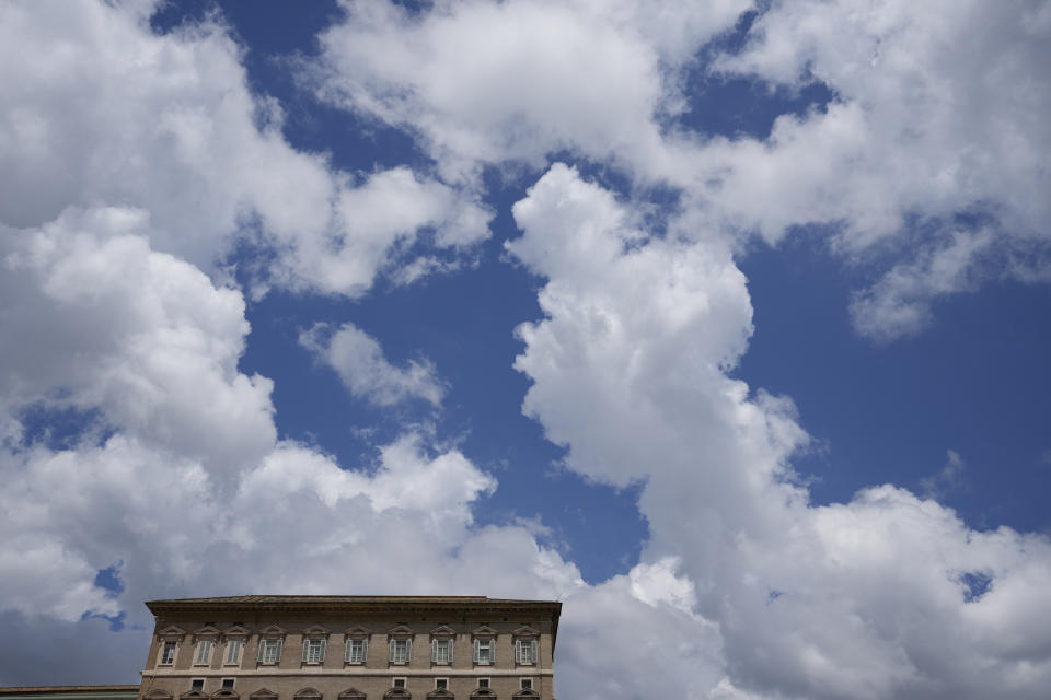 The window of the Apostolic Palace at The Vatican from where popes bless faithful on Sunday's noon stays closed ,Sunday, June 11, 2023. Pope Francis, following doctors' advice, skipped Sunday's customary public blessing to allow him to better heal after abdominal surgery. (AP Photo/Alessandra Tarantino)