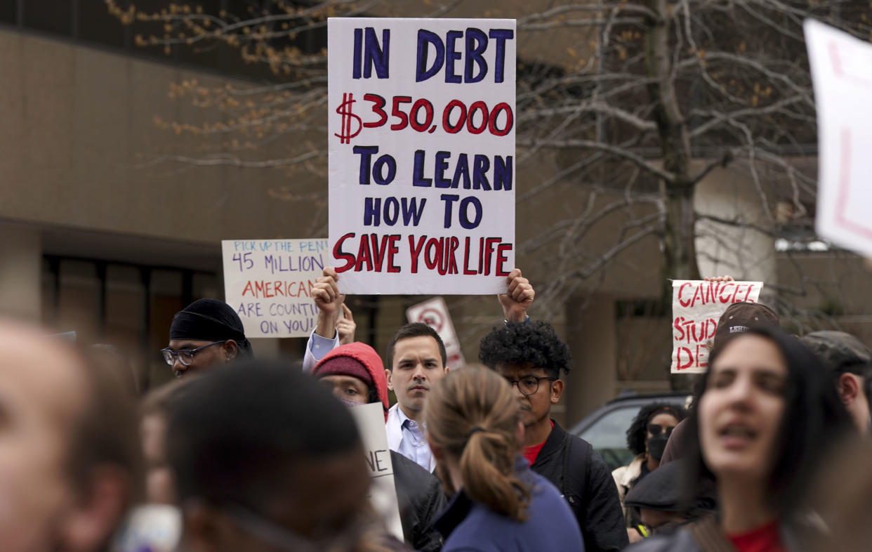 WASHINGTON, DC - APRIL 04: Supporters of The Debt Collective convene near the U.S. Department of Education to demand full student debt cancellation on April 04, 2022 in Washington, DC. (Photo by Leigh Vogel/Getty Images for MoveOn & Debt Collective)