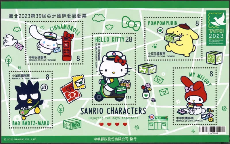 ▲第1名為臺北2023第39屆亞洲國際郵展郵票小全張—SANRIO CHARACTERS(A款)。（圖／中華郵政提供）