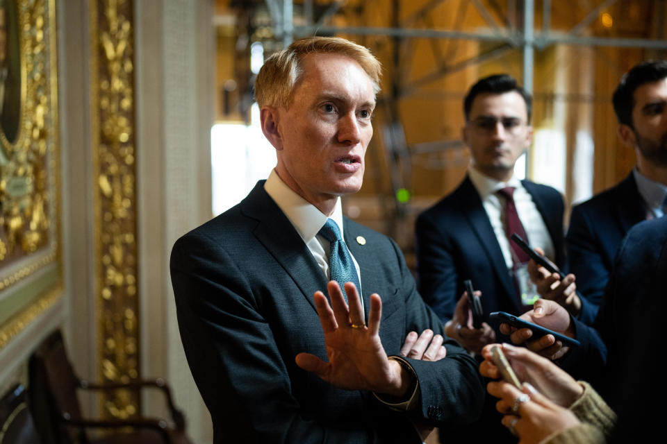 Sen. James Lankford speaks to reporters in the Senate Reception Room on January 31, 2024. / Credit: Bill Clark/CQ-Roll Call, Inc via Getty Images