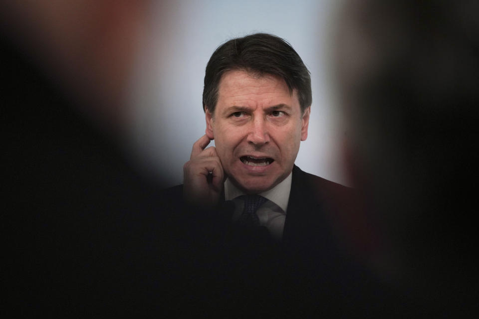 Italian Premier Giuseppe Conte speaks during a press conference on economic measures to help facing consequences of the virus outbreak, in Rome, Thursday, March 5, 2020. (AP Photo/Andrew Medichini)