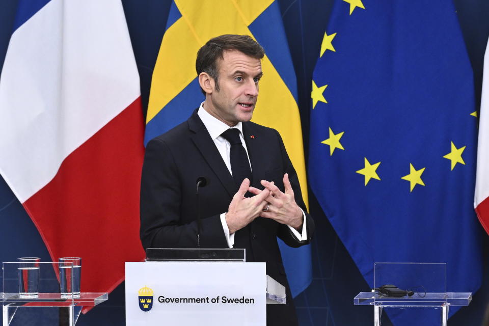 French President Emmanuel Macron holds a press conference with Sweden's Prime Minister Ulf Kristersson in Stockholm, Sweden, Tuesday Jan. 30, 2024. France’s President Emmanuel Macron started a two-day state visit in Stockholm during which he will meet Swedish prime minister, Ulf Kristersson, and the country’s monarch, King Carl XVI Gustaf. (Claudio Bresciani/TT via AP)