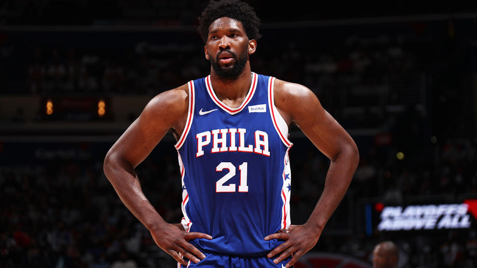 Joel Embiid left Philadelphia's playoff loss to Washington in the first quarter after a nasty fall. (Photo by Stephen Gosling/NBAE via Getty Images)
