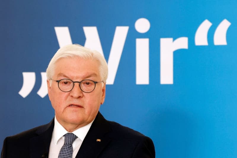 Germany's President Frank-Walter Steinmeier speaks at the start of the presentation of his essay "We" at Bellevue Palace. Carsten Koall/dpa