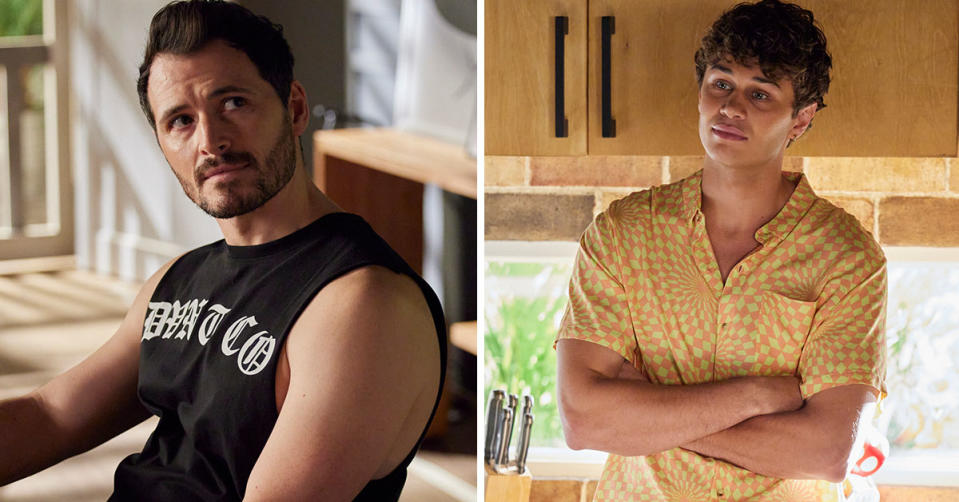 L: Bob on Home and Away looking at Kirby. R: Theo on Home and Away standing with his arms crossed.