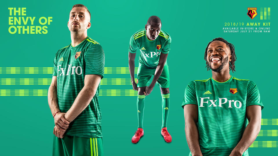 <p>Watford were applauded for giving all fans who attended all 19 away games a free kit, but they might be the only ones wearing this green number. It looks more like a goalkeeping strip than an away one and is not adidas’ finest work. (Watford’s website) </p>