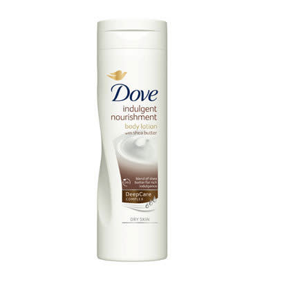 Indulgent Nourishment Shea Body Lotion, £3.40, Dove: Dove skincare products have a place on every list of ultimate budget beauty buys, especially the body moisturiser.<br>However, Dove has gone one step further with their newest addition, Indulgent Nourishment Body Lotion with Shea Butter. The added ingredient, shea butter gives skin an extra boost of moisture and smells divine. Skin is left silky smooth, even heels, and there’s no sticky finish - overall, amazing value for money.