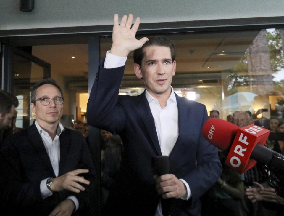 Austrian Chancellor Sebastian Kurz waves to his supporters at the political headquarters of Austrian People's Party, OEVP, in Vienna, Austria, Monday, May 27, 2019. Chancellor Sebastian Kurz's center-right party recorded a big win in European elections, but he was ousted Monday following the collapse of his scandal-tainted coalition. (AP Photo/Ronald Zak)