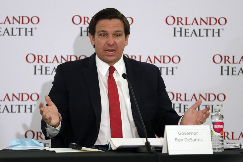 Florida Gov. Ron DeSantis speaks at a news conference at Orlando Regional Medical Center Tuesday, June 23, 2020, in Orlando, Fla. DeSantis spoke about Florida's caseload of coronavirus topping 100,000. (AP Photo/John Raoux)