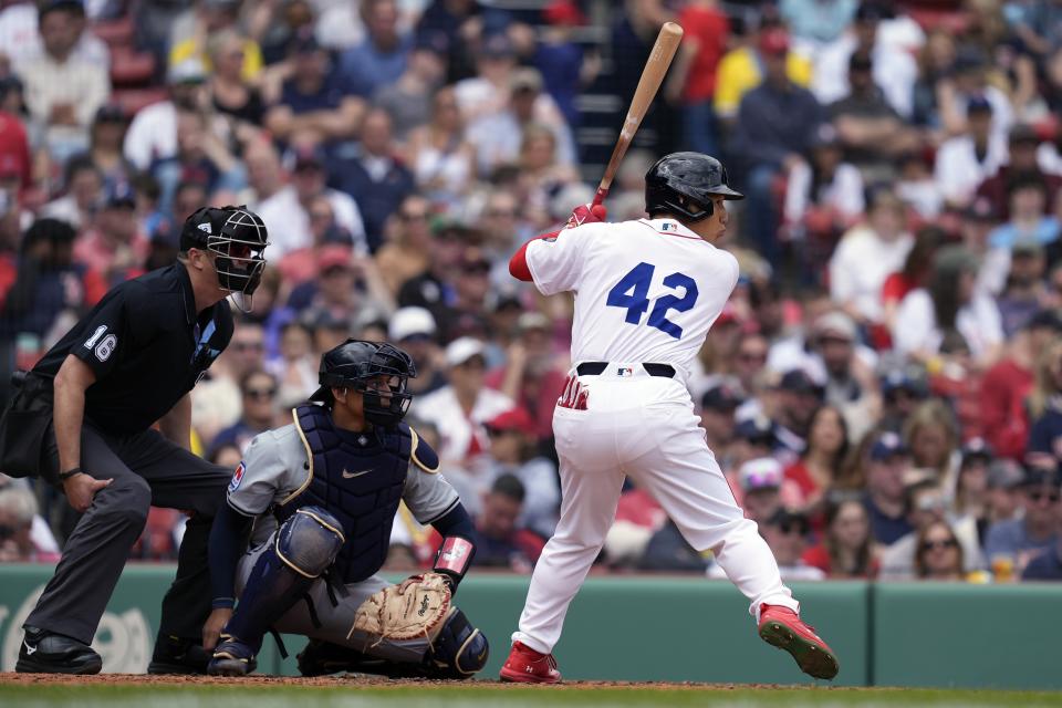 Boston Red Sox's Masataka Yoshida wears the number 42 in honor of Jackie Robinson Day during the fourth inning of a baseball game against the Cleveland Guardians, Monday, April 15, 2024, in Boston. (AP Photo/Michael Dwyer)