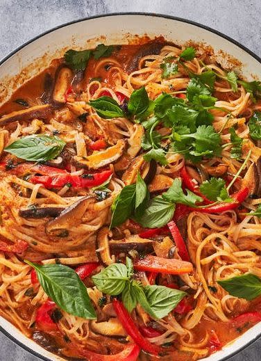 <p>These vegan noodles are perfect for super-hungry <a href="https://www.delish.com/cooking/recipe-ideas/g3338/best-weeknight-dinners/" rel="nofollow noopener" target="_blank" data-ylk="slk:nights;elm:context_link;itc:0;sec:content-canvas" class="link ">nights</a> when you’re short on time. Feel free to swap in your favorite quick-cooking vegetables, and adjust the amount of curry paste to your spice preference. Make sure to keep stirring once your noodles are added, since they tend to stick to the bottom of the pot if left in one spot for too long.</p><p>Get the <strong><a href="https://www.delish.com/cooking/a38849443/curry-noodles-recipe/" rel="nofollow noopener" target="_blank" data-ylk="slk:Thai Red Curry Coconut Noodles recipe;elm:context_link;itc:0;sec:content-canvas" class="link ">Thai Red Curry Coconut Noodles recipe</a></strong>.</p>