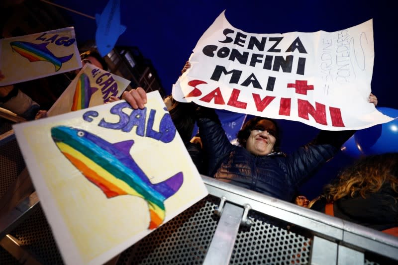 Protesters attend a demonstration held by "the sardines", a grassroots movement against far-right League leader Matteo Salvini, in Bologna