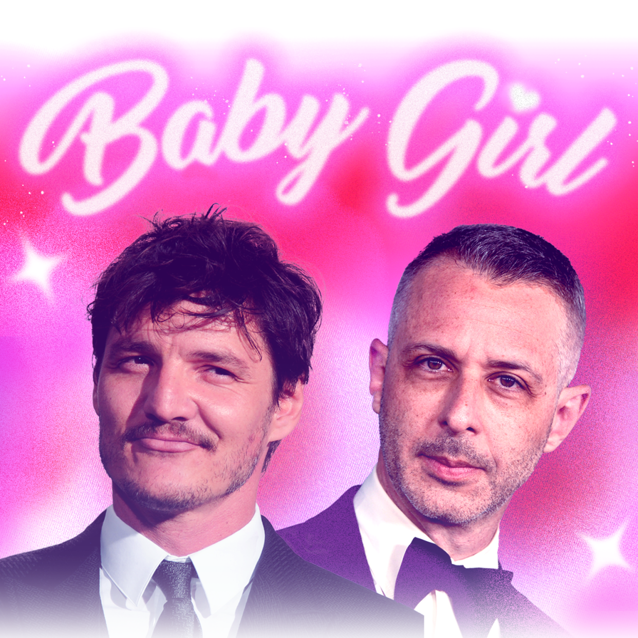 Actors Paul Mescal, Pedro Pascal, and Jeremy Strong against a pink air-bushed background; text overlay reads 