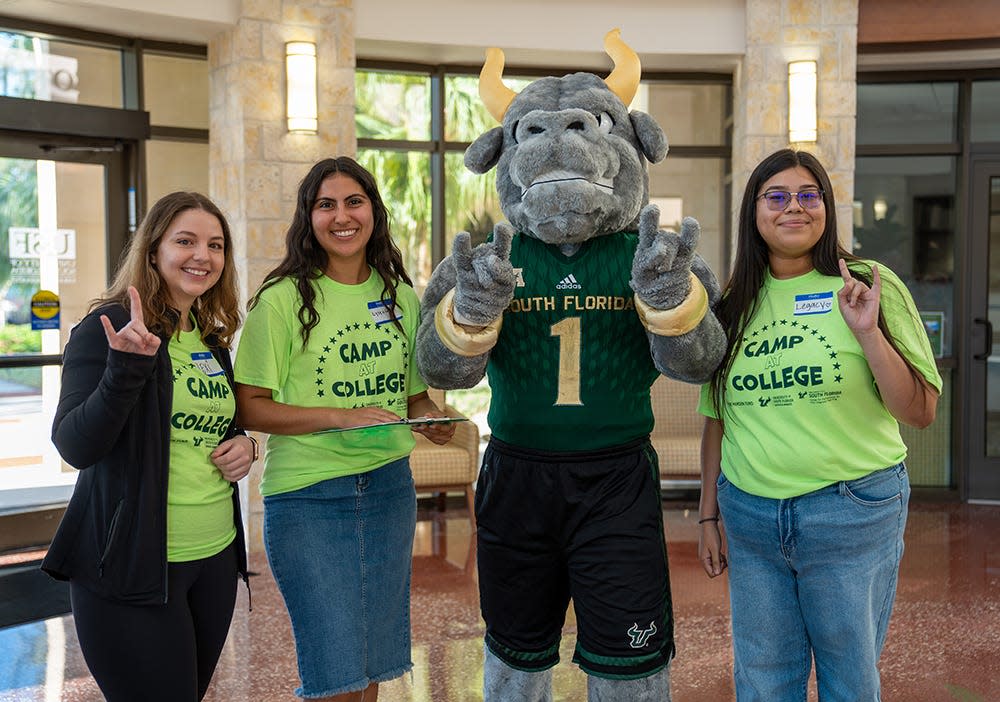 Rocky D. Bull, the University of South Florida mascot, welcomed fifth-, sixth- and seventh-graders to the Sarasota-Manatee campus on June 13 for Camp at College, a free arts-integrated literary experience sponsored by The Henson Fund. The four-day program was supported by local teaching artists, USF student mentors, and campus faculty and staff. “Camp at College not only empowers students with valuable literacy skills, it also inspires a lifelong passion for learning and creative expression,” said Denise Davis-Cotton, director of the Florida Center for PAInT. Visit sarasotamanatee.usf.edu/academics/center-for-PAInT.