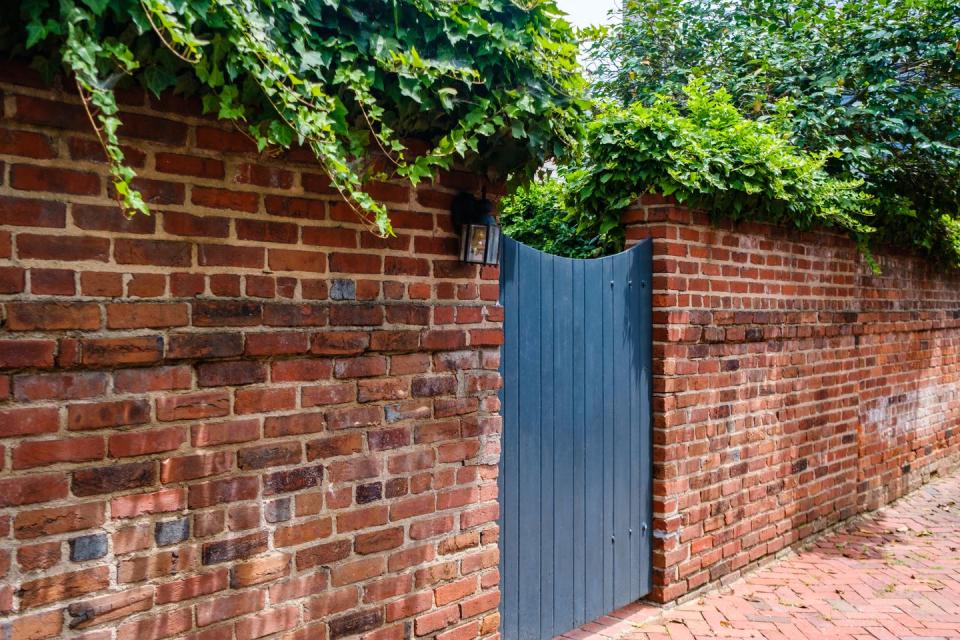 close up of garden door surrounded by brick wall with overhanging ivy