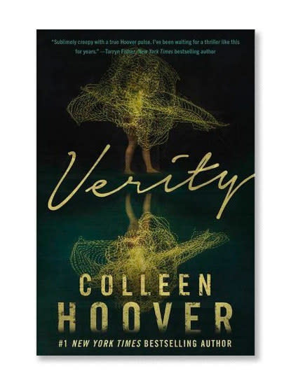 The cover of "Verity" by Colleen Hoover. It is dark green. A person's legs are visible under a tangle of yellow netting that obscures the rest of the body. There is a reflection on the bottom half of the page