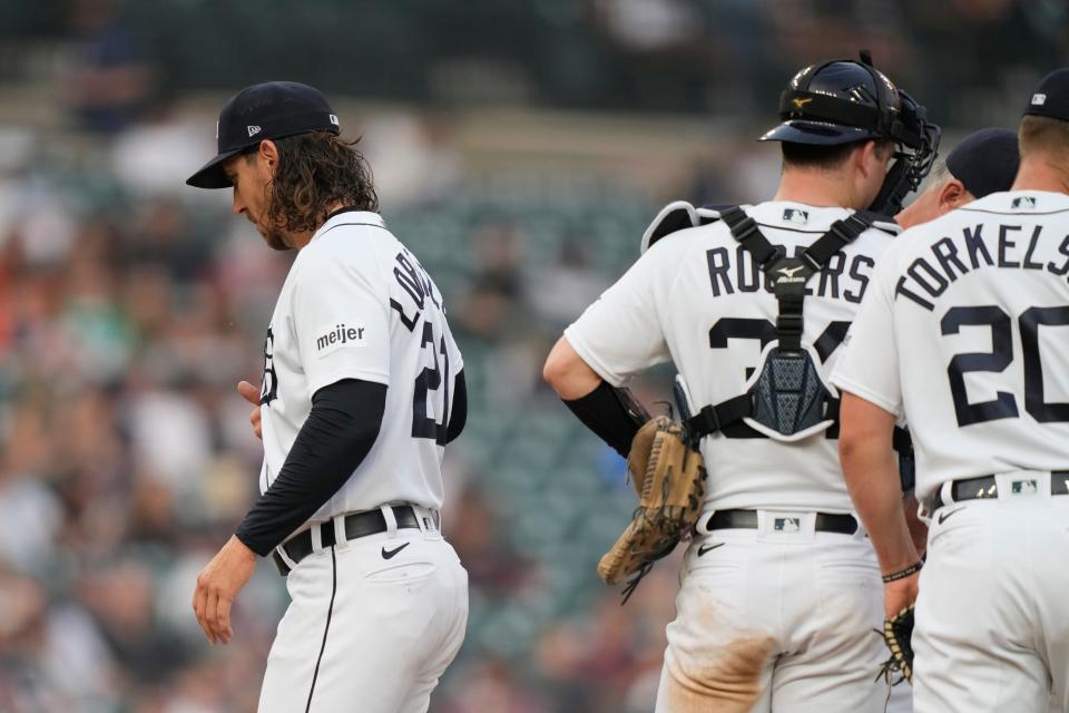 Detroit Tigers starting pitcher Michael Lorenzen is relieved during the seventh inning of a baseball game against the Arizona Diamondbacks at Comerica Park in Detroit on Friday, June 9, 2023.