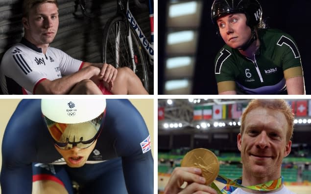 Philip Hindes (left to right, clockwise), Katie Archibald, Ed Clancy and Ryan Owens will all be in action in Manchester this weekend at the second of this season's five Track World Cup meetings