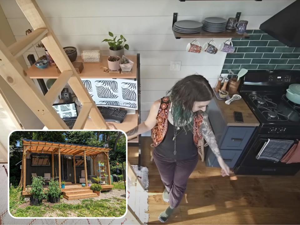 Background: A woman in a tiny house, foreground: a green tiny house in a trailer park.