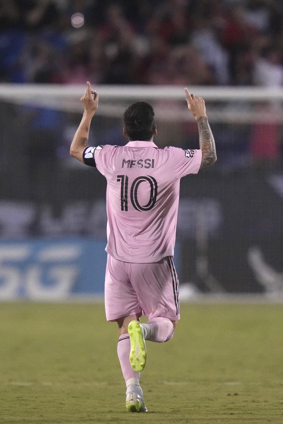 Inter Miami forward Lionel Messi celebrates his goal against DC Dallas during the second half of a Leagues Cup soccer match Sunday, Aug. 6, 2023, in Frisco, Texas. (AP Photo/LM Otero)