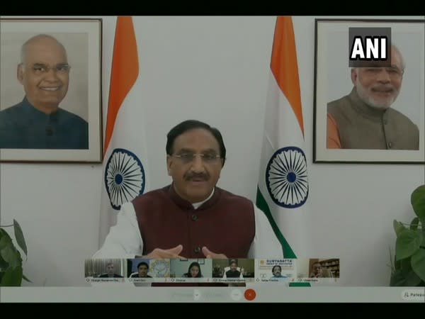 Union Education Minister Ramesh Pokhriyal addressing the attendees of the webinar. (Photo/ANI)