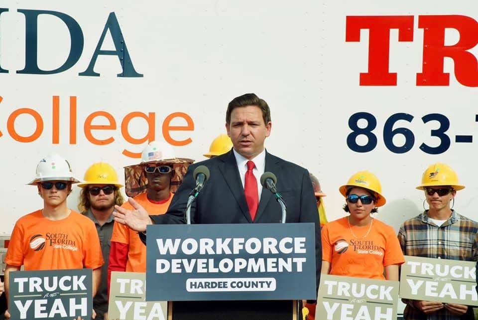 Gov. Ron DeSantis speaks at South Florida State College in Bowling Green on Thursday about funds that are being allocated for workforce education, particularly to address a shortage of truck drivers.