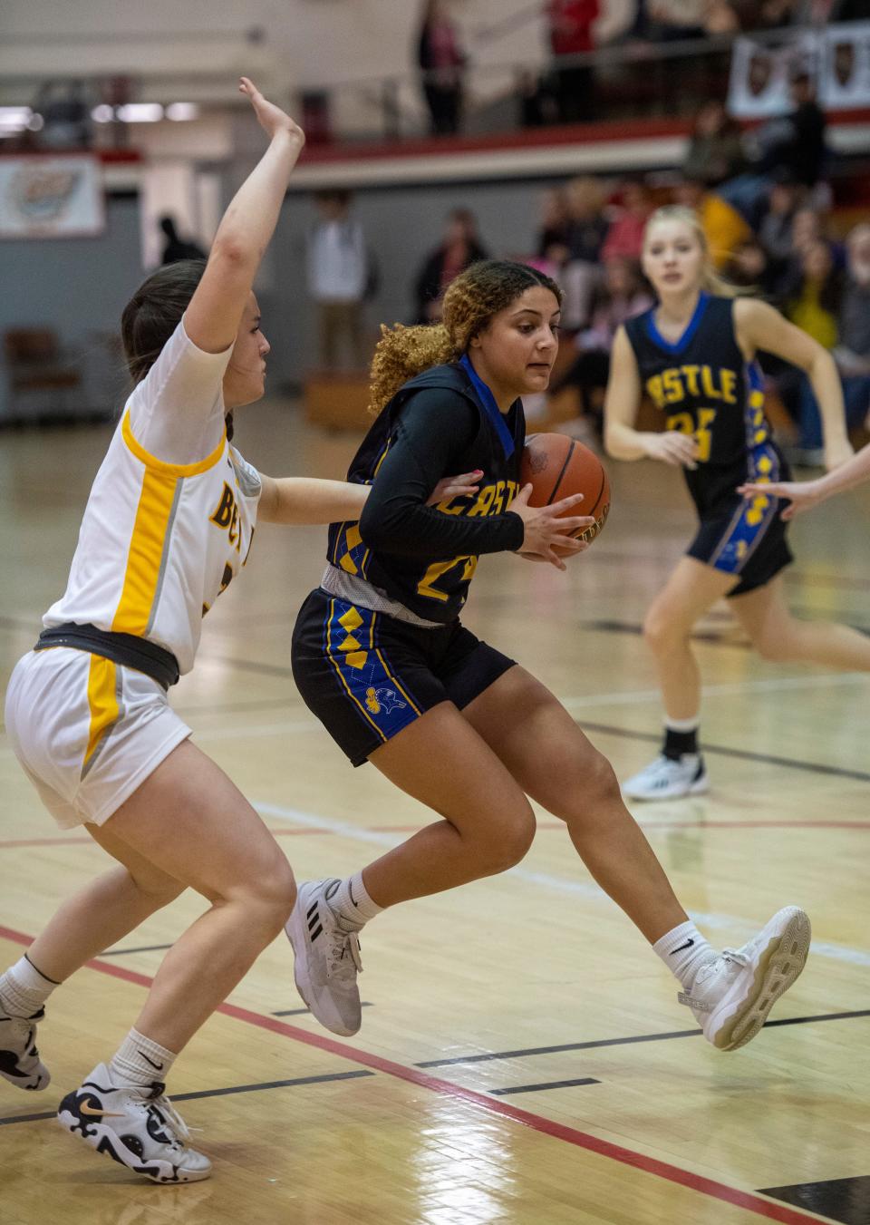 Castle’s Jordan Scott (24) drives as the Central Bears play the Castle Knights during the first round of the 2023 IHSAA Class 4A Girls Basketball Sectional at Harrison High School in Evansville, Ind., Thursday, Feb. 2, 2023. 