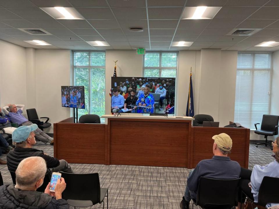 So many people turned out of for a County Council meeting on the Cultural Protection Overlay zoning on St. Helena Island Monday that an “overflow room” was needed. Those in that room watch a live feed of the meeting held in another building.