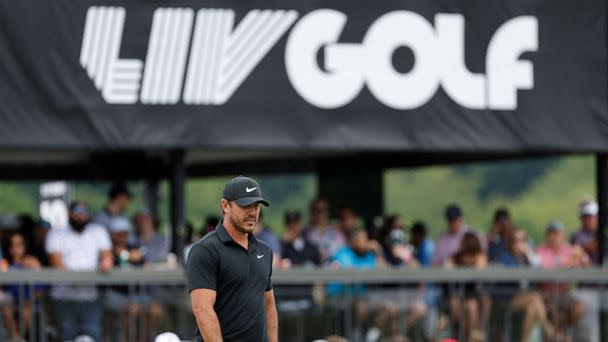 PHOTO: Brooks Koepka watches his putt on the fourth green during the final round of LIV Golf Washington, D.C., golf tournament at Trump National on May 28, 2023, in Potomac Falls, Va. (Geoff Burke-USA TODAY Sports)