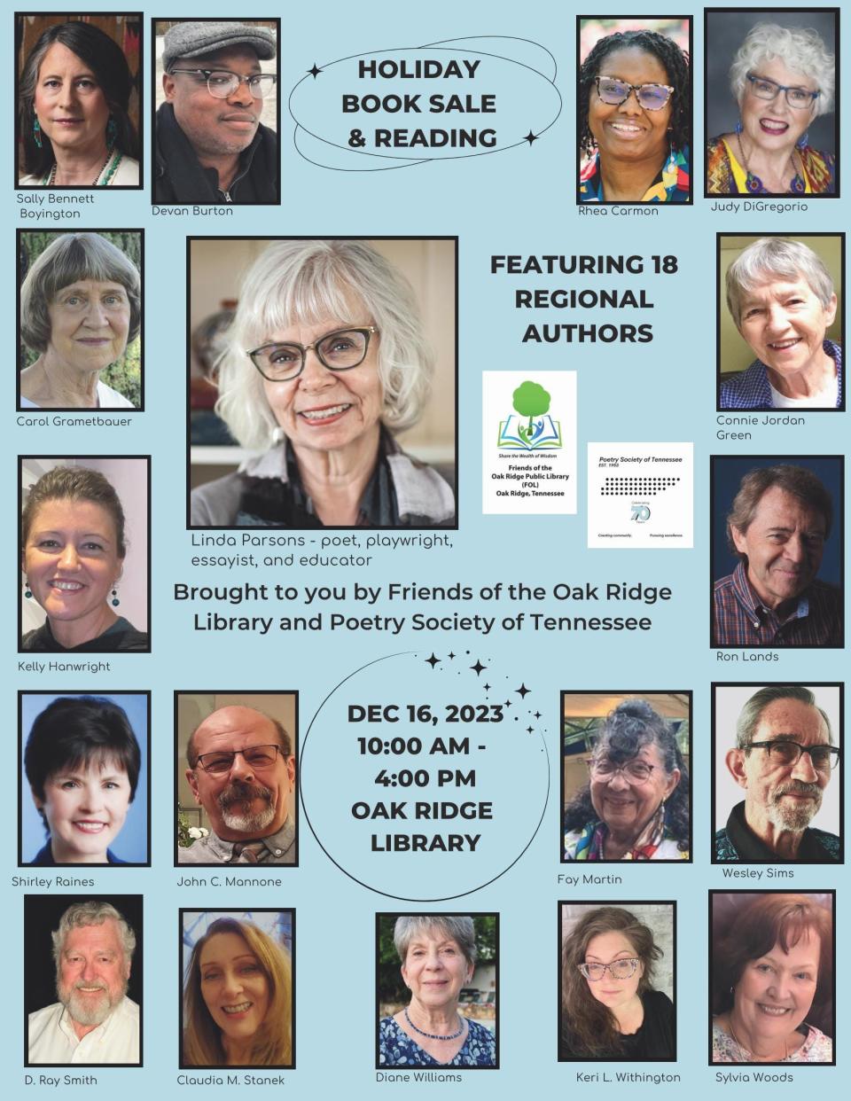 Eighteen local writers and poets will read briefly from their works Dec. 16 and sell their books for the holidays at the Oak Ridge Public Library Dec. 16.