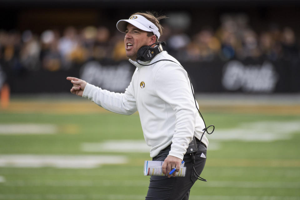 Missouri head coach Eliah Drinkwitz argues a call during the second quarter of an NCAA college football game against Florida, Saturday, Nov. 20, 2021, in Columbia, Mo. (AP Photo/L.G. Patterson)