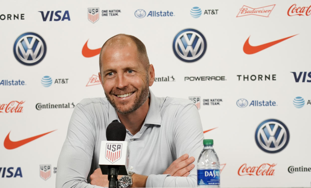 SAINT LOUIS, MO - SEPTEMBER 10: USMNT Head Coach Gregg Berhalter of the United States addresses the press after their International Friendly soccer match Uruguay at Busch Stadium, on September 10, 2019 in St. Louis, MO. (Photo by John Todd/ISI Photos/Getty Images)