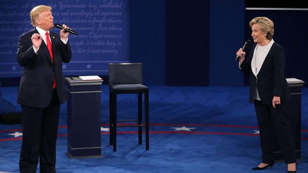 PHOTO: Donald Trump and and Hillary Clinton during the second debate between the Republican and Democratic presidential candidates Oct. 9, 2016, at Washington University in St. Louis. (St. Louis Post-Dispatch/Tribune News Service via Getty Images)