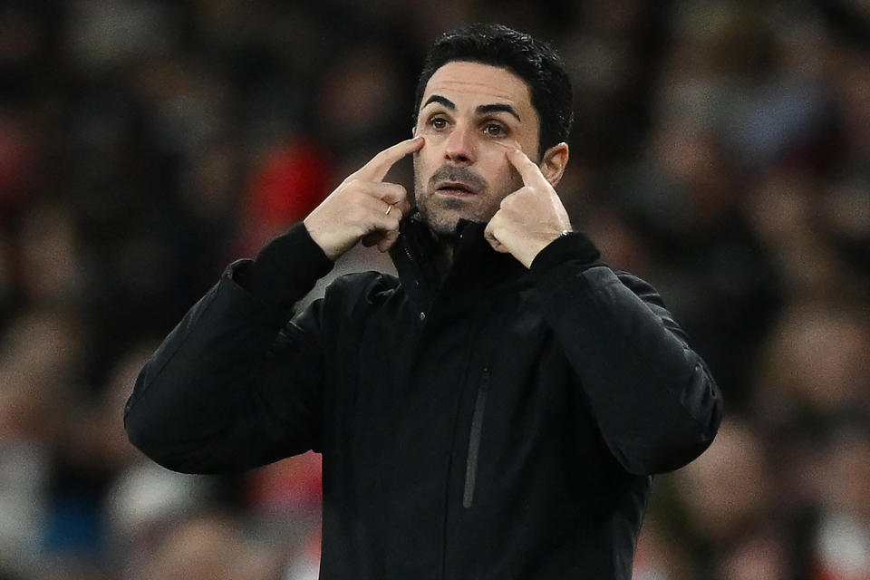 Arsenal's Spanish manager Mikel Arteta gestures on the touchline during the FA Cup third round clash with Liverpool. 