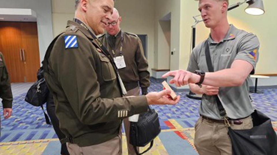 Spc. Christian Sutton spoke with leaders at AUSA about bone marrow donation. (Photo courtesy of Christian Sutton)