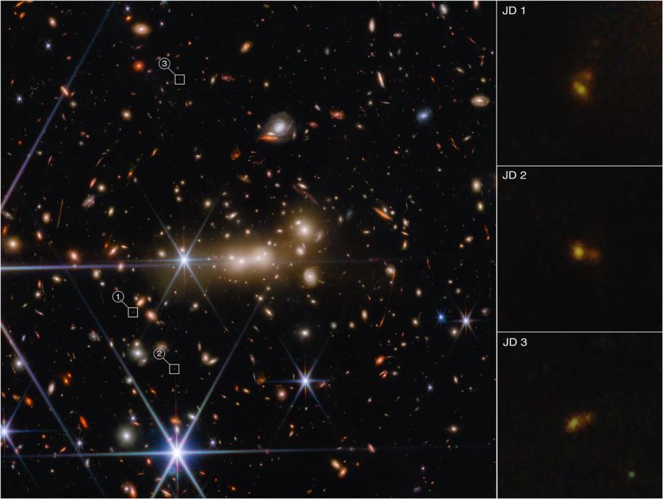 The James Webb Space Telescope uncovered two galaxies where scientists though there were only one using a technique called gravitational lensing, which creates three separately magnified images of the galaxy pair (NASA, ESA, CSA, D. Coe, Y. Hsiao, R. Larson and A. Pagan (STScI))