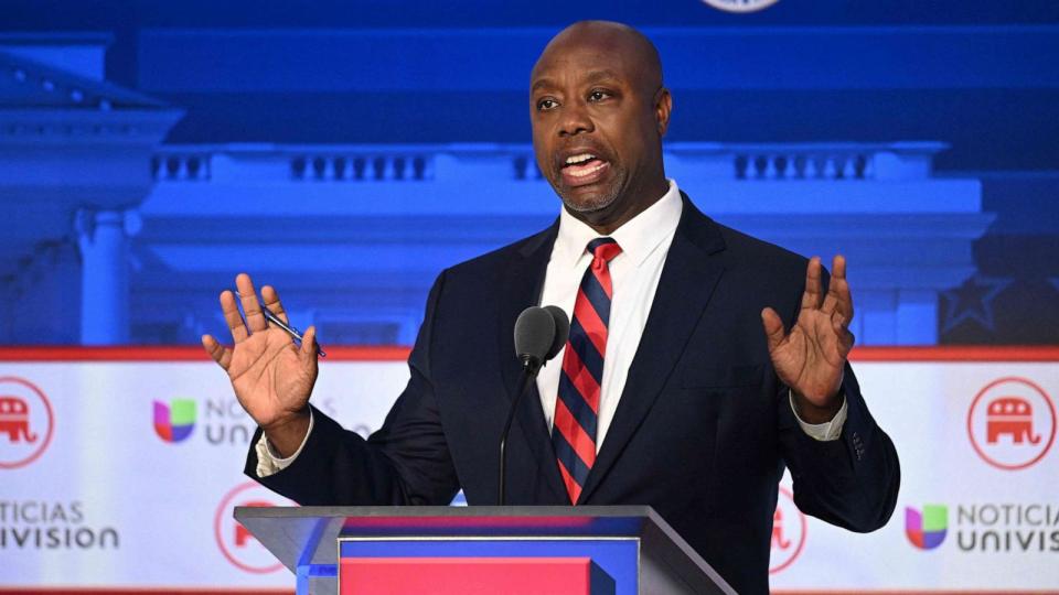 PHOTO: Senator Tim Scott speaks during the second Republican presidential primary debate at the Ronald Reagan Presidential Library in Simi Valley, Calif., on Sept. 27, 2023. (Robyn Beck/AFP via Getty Images)