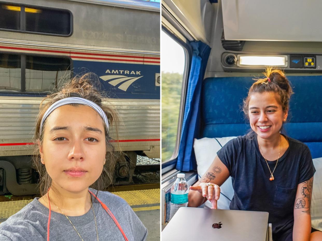 The author takes a selfie outside of (L) and inside of (R) Amtrak trains