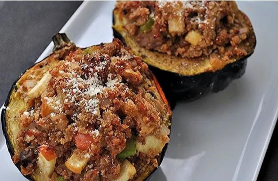 <p>Krista Marshall</p><p>Sausage and apple stuffed acorn squash is filled with rustic woodsy flavors from the apple and mushroom. Packed with meat and veggie, it's dinner all in one gorgeous package.</p><p><strong>Get the recipe: <a href="https://parade.com/953089/kristamarshall/sausage-and-apple-stuffed-acorn-squash-recipe/" rel="nofollow noopener" target="_blank" data-ylk="slk:Sausage and Apple Stuffed Acorn Squash;elm:context_link;itc:0;sec:content-canvas" class="link ">Sausage and Apple Stuffed Acorn Squash</a></strong></p>